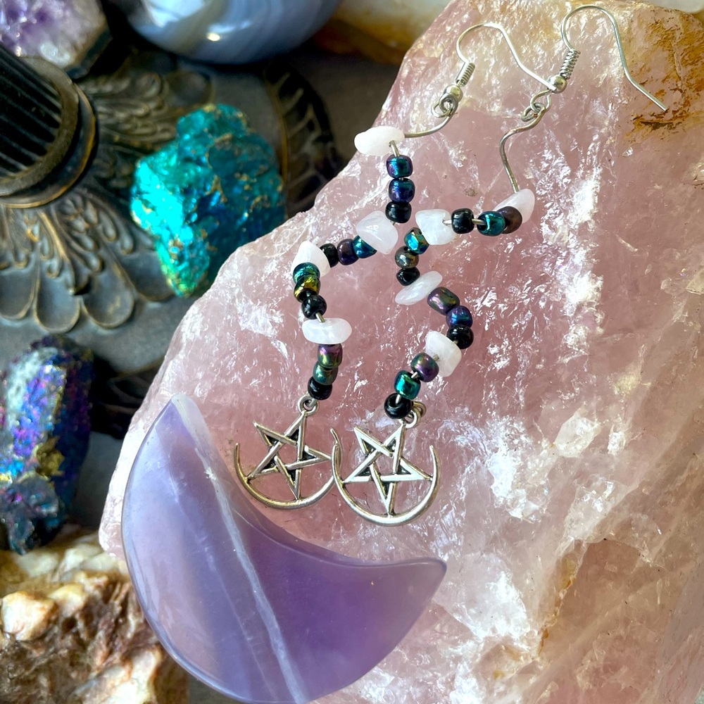 ☀️ Rose Quartz Celestial Earrings 🌙 with Silver Pendants, Trending 2022